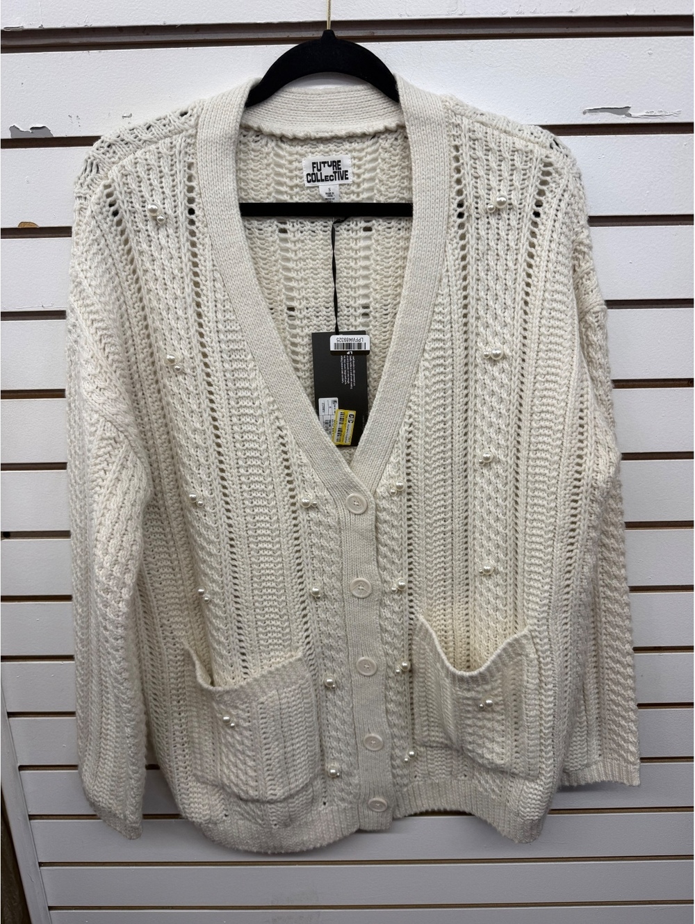 Future Collective Pearl Embellished Chunky Knit Cardigan Sweater Size S NWT